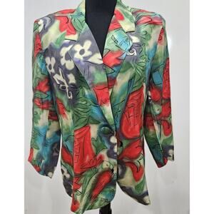 Sarah B Paris Womens Size 44 100% Cupro Blazer 80s Tropical Floral Parrots Artsy
